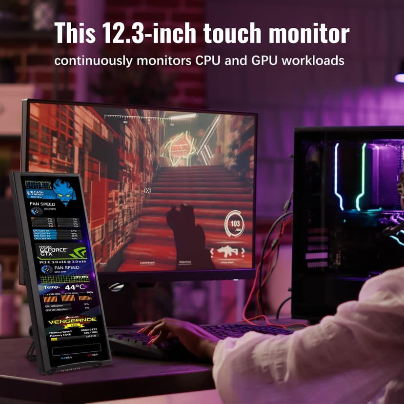 12.3 Inch Touchscreen Secondary Monitor, IPS Stretched Bar LCD Travel Touch Display 1920 * 720 HDMI USBC, Portable Touch Screen for Laptop Computer Windows Aida64 GPU CPU RAM Monitoring