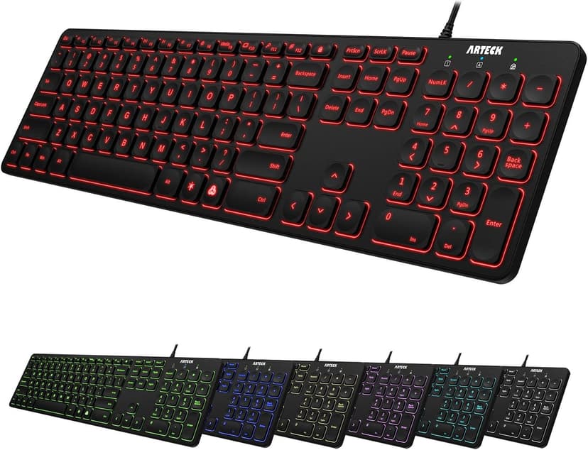 Arteck Backlit USB Wired Full Size Keyboard with Media Hotkey for PC and Laptop