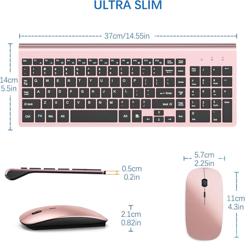 Wireless Keyboard and Mouse Ultra Slim Combo, TopMate 2.4G Silent Compact USB 2400DPI Mouse and Scissor Switch Keyboard Set with Cover, 2 AA & 2 AAA Batteries,for PC/Laptop/Windows/Mac-Rose Gold Black