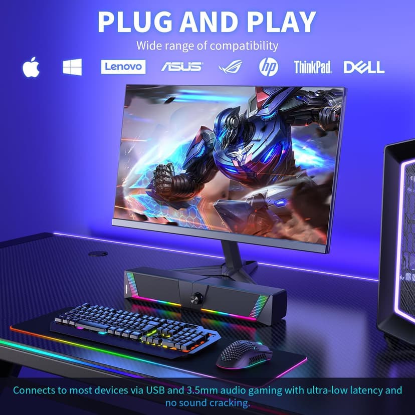 Computer Speakers, 2 in 1 PC Speaker , Gaming Speakers for PC Computer Laptop Desktop Monitor, RGB Speakers with Touch Sensitive Lighting, USB Powered 3.5mm Aux（Package Only Two Speaker, No Soundbar）