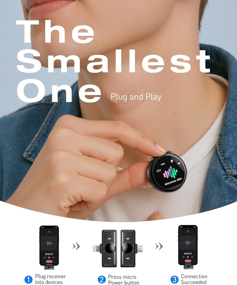 Wireless Lavalier Microphone for iPhone: Mini Wireless Microphones for Android Equipment - Noise Reduction Lapel Mic for Professional Recording - 80h Battery Life - 48KHz Studio Sound