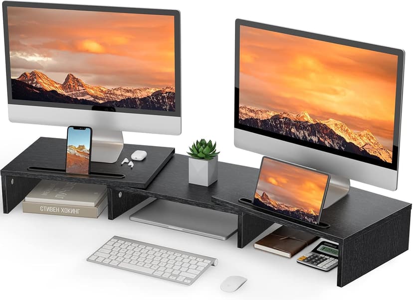 LORYERGO Dual Monitor Stand for 2 Monitors, Desk Riser With Storage, Computer Stand w/Slot for Tablet Cellphone, for PC, Laptop, Printer