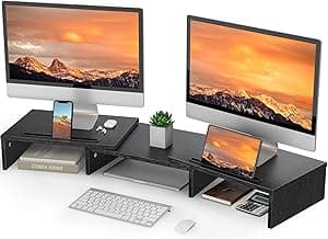 LORYERGO Dual Monitor Stand for 2 Monitors, Desk Riser With Storage, Computer Stand w/Slot for Tablet Cellphone, for PC, Laptop, Printer