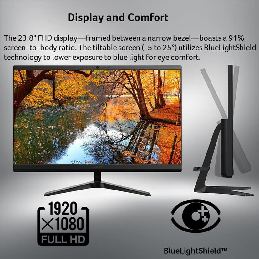 Acer Aspire C24-1700-UR11 AIO Desktop | 23.8" Full HD IPS Display | 12th Gen Intel Core i3-1215U | Intel UHD Graphics | 8GB DDR4 | 256GB NVMe M.2 SSD | Intel Wireless Wi-Fi 6 | Windows 11 Home