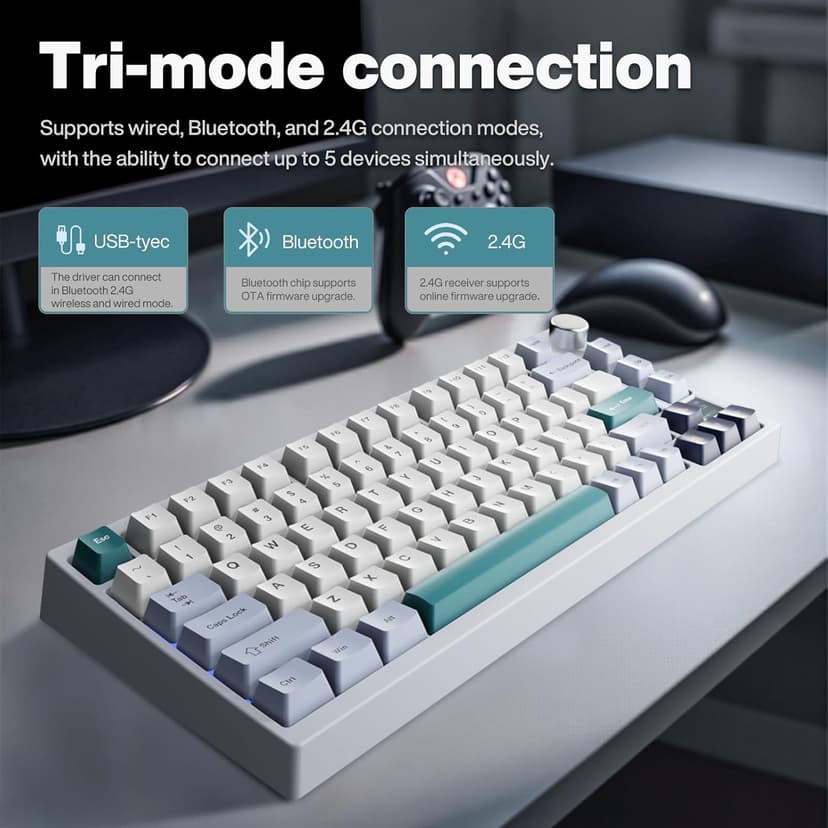 GK GAMAKAY TK75 V2 75% Silent Mechanical Keyboard with TFT Screen, Hot Swap RGB Bluetooth 5.0/2.4GHz Wireless/USB-C Wired PBT Cherry Profile Keycaps Gaming Keyboard (GamaKay Pegasus Switch)