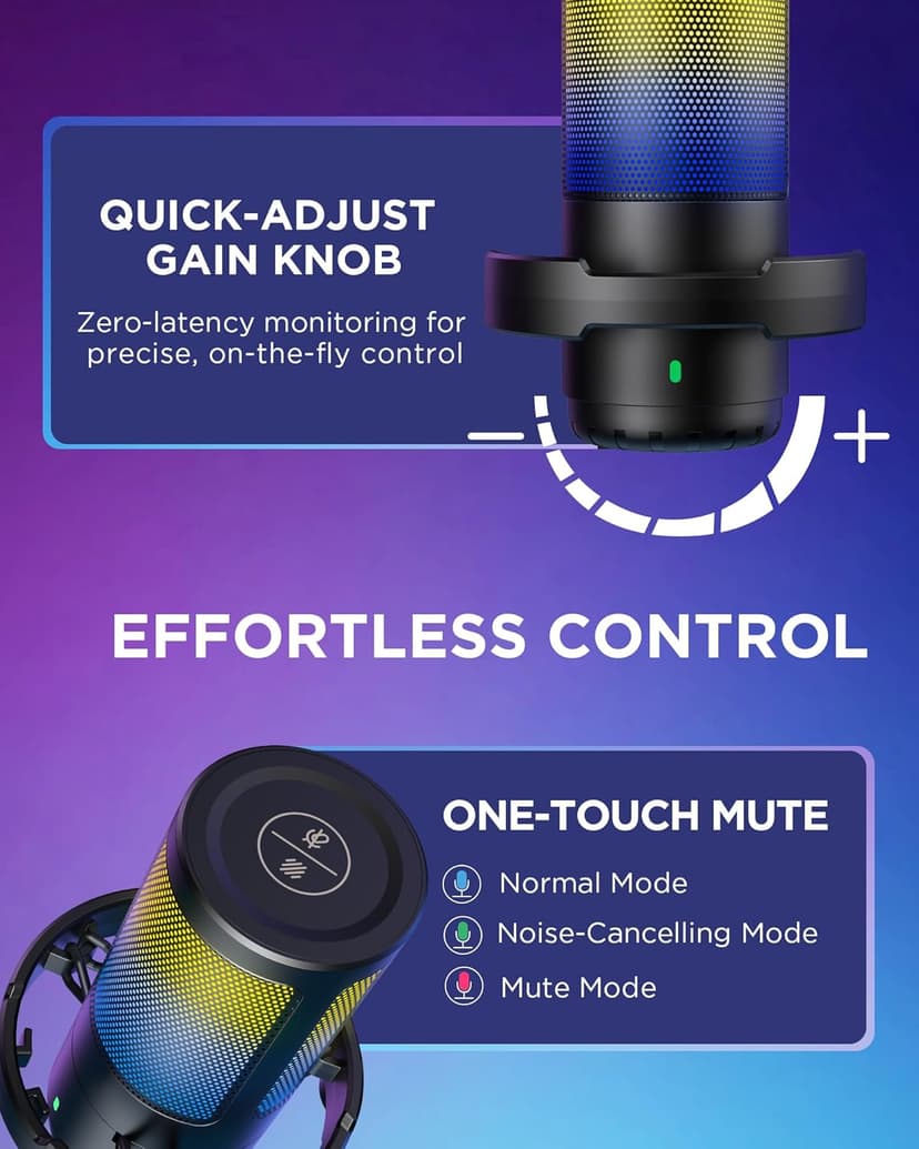 InnoGear Gaming USB Microphone, Noise Cancellation Condenser Mic with Mute, Gain, RGB Indicator, Boom Arm Stand for Streaming, Podcast, Twitch, YouTube, Discord, PC, Computer, PS4, PS5, Mac, Black
