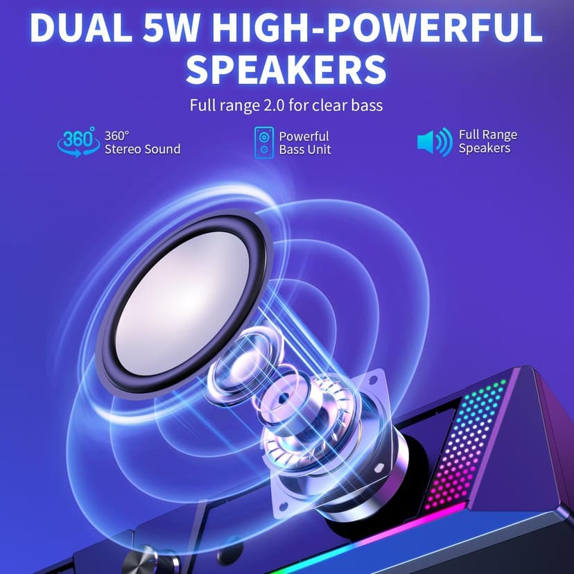 Computer Speakers, 2 in 1 PC Speaker , Gaming Speakers for PC Computer Laptop Desktop Monitor, RGB Speakers with Touch Sensitive Lighting, USB Powered 3.5mm Aux（Package Only Two Speaker, No Soundbar）