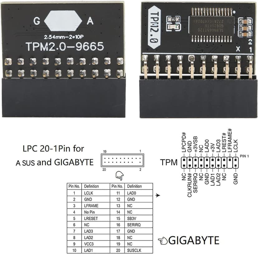 TPM 2.0 Encryption Security Module, 20Pin TPM 2.0 Chip, 2.54mm Pitch TPM Cryptographic Processor Module Replacement, for PC DDR4 Memory Module Encryption