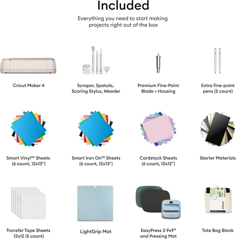 Cricut Maker 4 - Smart Cutting Machine (Seashell) | Engagement Plus Bundle - Includes EasyPress 3 Heat Press (9x9) + Mat, Tote Bag, Material Samplers, Machine Mat, Pens, Tools, & 25 Digital Images
