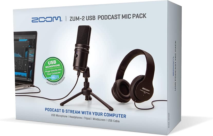 Zoom ZUM-2 Podcast Mic Pack, Podcast USB Microphone, Headphones, Tripod, Windscreen, USB Cable, For Recording and streaming Podcasts, Music, Voice-Overs, and more,Black