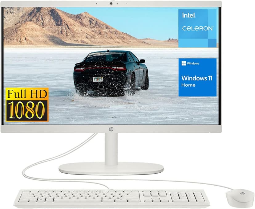 HP 2022 All-in-One Desktop, 21.5" FHD Display, Intel Celeron J4025 Processor, 8GB RAM, 256GB PCIe SSD, Webcam, WiFi, HDMI, RJ-45, Wired Keyboard&Mouse, Windows 11 Home, White