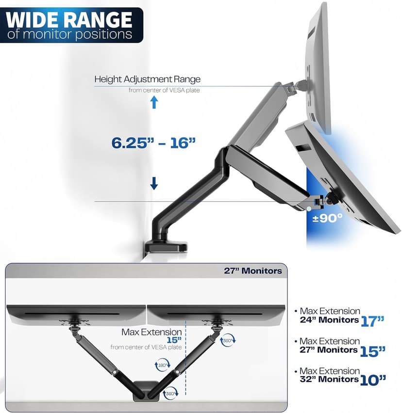 VIVO Dual Monitor up to 32 inches and 19.8 lbs per Screen, Pneumatic Arm Desk Mount, Articulating Counterbalance, VESA Stand, Classic, STAND-V002O