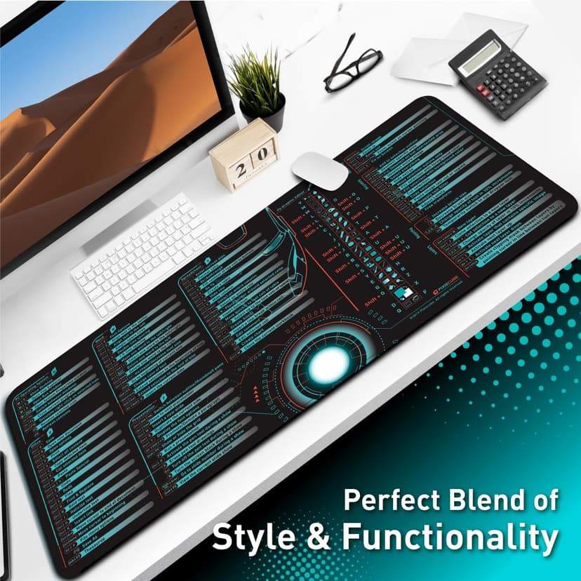 Pixiecube Windows, Office, Excel, Adobe Photoshop Shortcut Keys Extended Large Mouse Pad | Gaming Desk Mat for PC. Stitched Edge Non-Slip Base Mousepad, Keyboard Mat