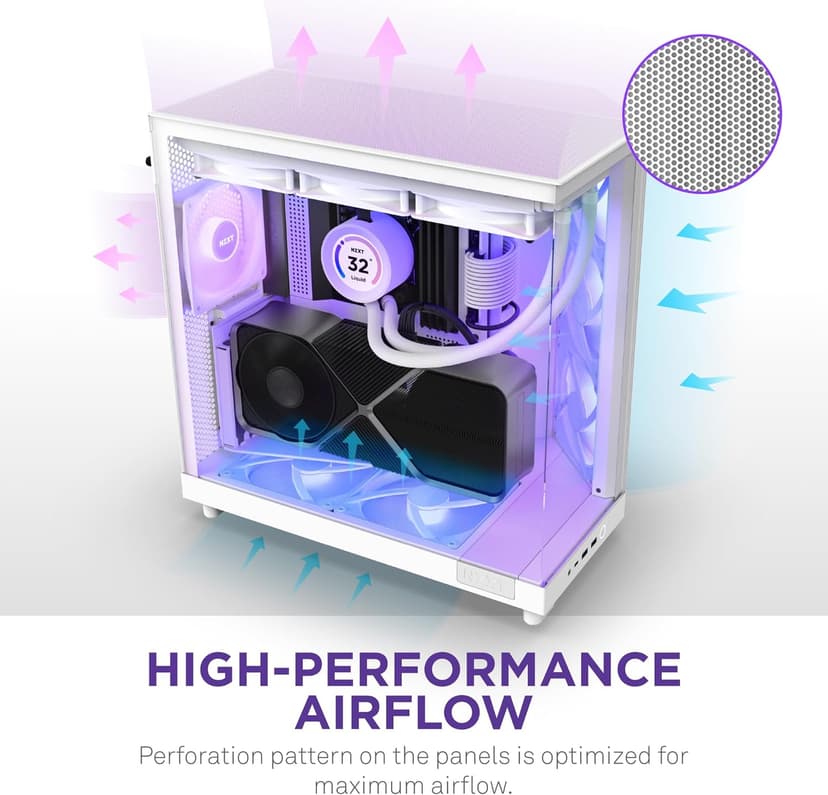 NZXT H6 Flow RGB Mid-Tower Airflow Case with 3 RGB Fans, Panoramic Glass Panels, and Cable Management - White
