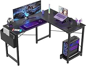 Sweetcrispy L Shaped Desk - Computer Desk Corner Desks Gaming Desk PC Table with CPU Stand Side Bag for Home Office Dorm Sturdy Writing Workstation, Black, 50-Inch