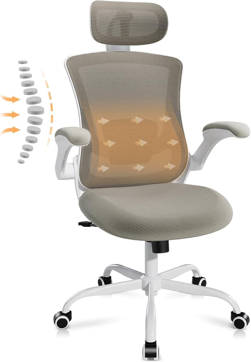 Ergonomic Office Chair with Adjustable Lumbar Support & Headrest, High Back Mesh Desk Chair with Flip-Up Armrests, Breathable & Comfortable Computer Chair for Home, Office & Study –Khaki