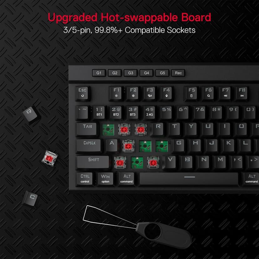 Redragon K580 PRO Wireless RGB Gaming Keyboard, 3-Modes 104 Keys Mechanical Keyboard w/Hot-Swap Socket, Dedicated Media Controls & Onboard Macro Recording, Linear Red Switch