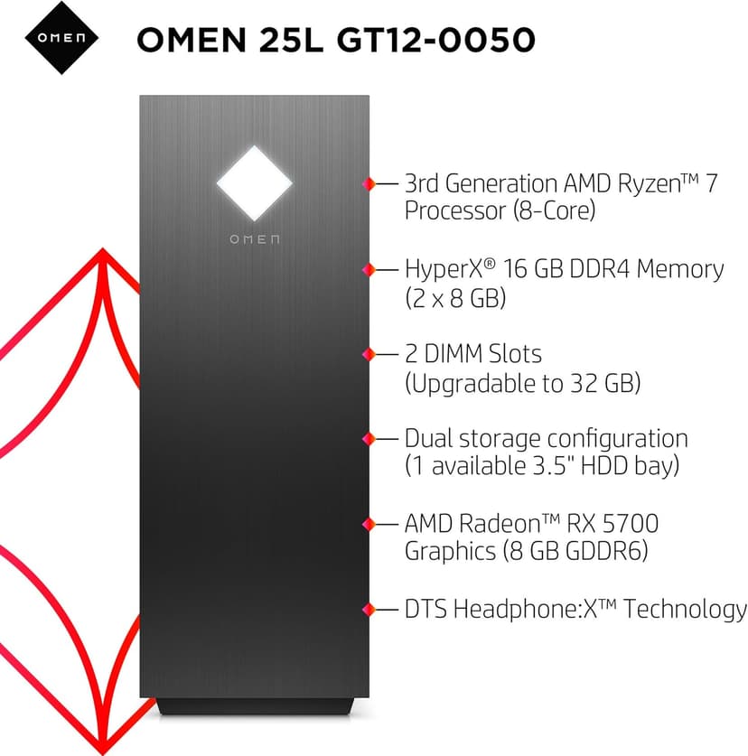 25L Gaming Desktop PC, AMD Radeon RX 5700, AMD Ryzen 7 3700X, HyperX 16 GB DDR4 RAM, 1 TB SATA Hard Drive & 512 GB PCIe NVMe SSD, Windows 10 Home, VR Ready, RGB Lighting (GT12-0050, 2020 Model)