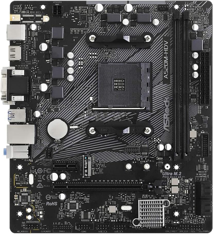 ASRock A520M-HDV Supports AMD AM4 Socket Ryzen™ 3000, 4000 G-Series and 5000 and 5000 G-Series Desktop Processors Motherboard, 32 GB memory storage
