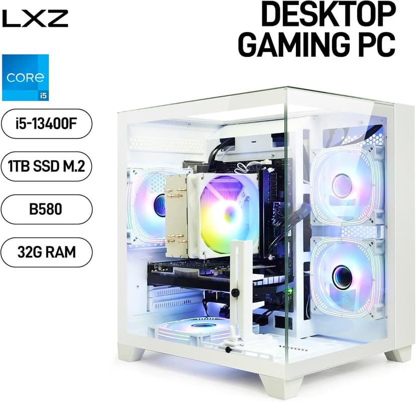 LXZ Gaming Desktop PC Core i5-13400F & Arc B580 12GB GPU, 32GB RAM, 1TB SSD - High Performance Desktop Computer for Gaming/Design (White)