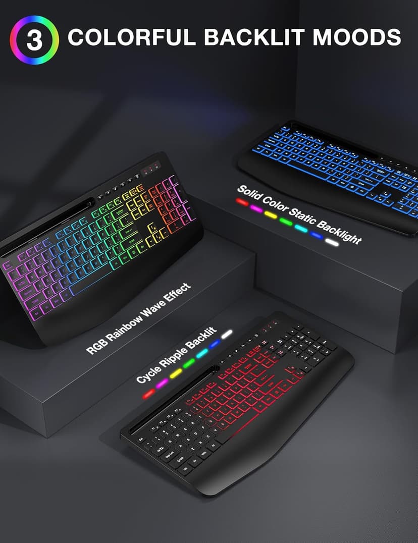 Wireless Keyboard and Mouse Combo, 9 Backlit Effects, Wrist Rest, Phone Holder, 2.4G Lag-Free Ergonomic Keyboards, Rechargeable Silent Cordless Set for Computer, Laptop, PC, Mac, Windows -SABLUTE