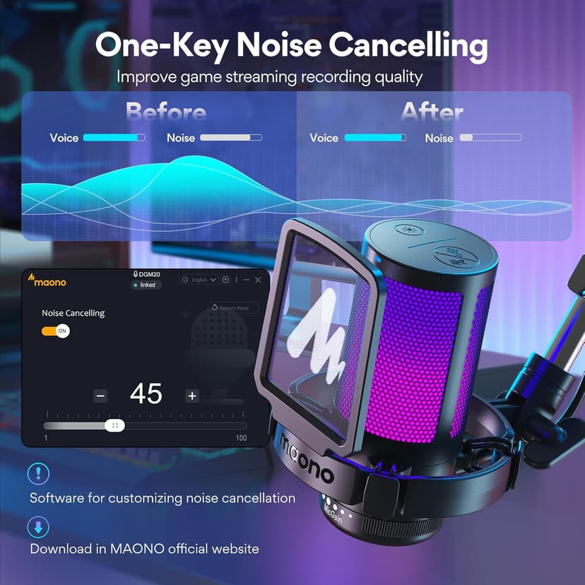MAONO Gaming USB Microphone, Noise Cancellation Condenser Mic with Mute, Gain, Monitoring, Boom Arm, Pop Filter for Streaming, Podcast, Twitch, YouTube, Discord, PC, Computer, PS5, Mac, DGM20S