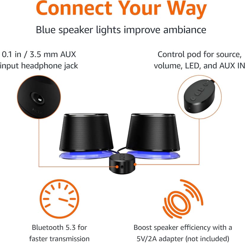 Amazon Basics Bluetooth and USB Computer Speakers with Blue Lighting, Large, Black