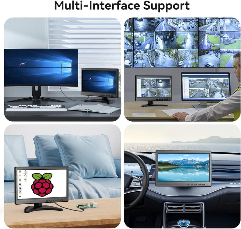 10.1 inch Monitor, 1024x600 LCD IPS Monitor 10 inch Security CCTV Display with HDMI, VGA, BNC, RCA Interfaces for Home, Office, Warehouse Surveillance