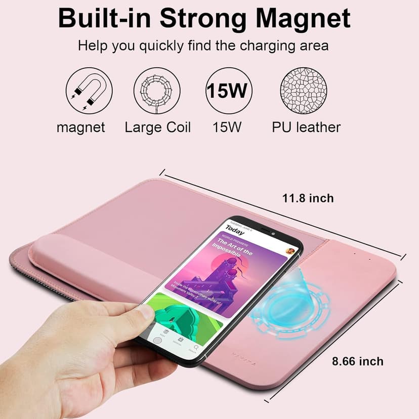15W Wireless Charging Mouse Pad with Detachable Wrist Support and 20W Power Adapter, Fast QI Wireless Phone Charger Mouse Mat for iPhone 16/15/14/13/12/11/X and Samsung Multiple Devices (Pink)