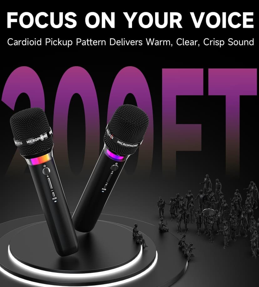 Wireless Microphone, Rechargeable Wireless Microphones with One-to-One Chip Connection and LED Lights, 40H Duration, 200FT Range Receiving, Less Latency Karaoke Microphone for Singing, Speech, Party