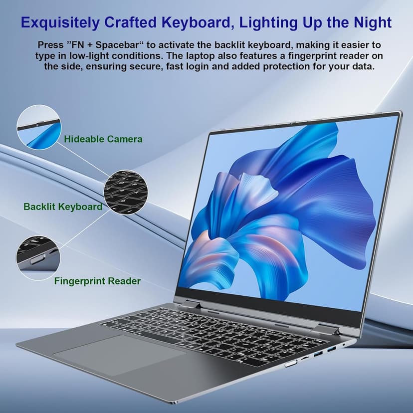 jumper 2 in 1 Laptop, 16 inch Convertible Laptop Computer with IPS FHD 360 Degree Touchscreen, 640GB Storage, 16GB RAM, Fingerprint Reader, Backlit Keyboard, Celeron N5095, 53.2WH, WiFi 6