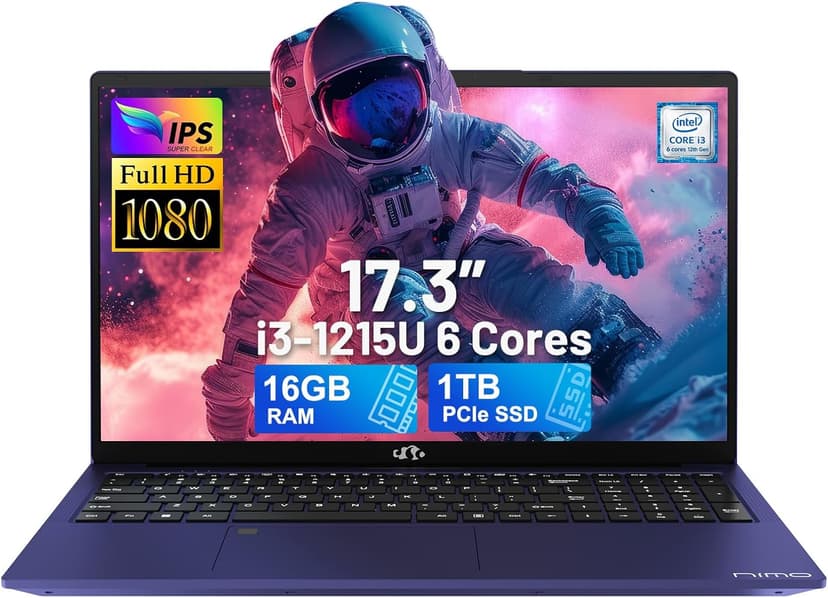 NIMO 17.3" IPS FHD-Laptop, Intel 6 Cores i3-1215U 16GB RAM 1TB SSD (Beat Ryzen 5 7520U, Up to 4.4GHz) Computer with 65W GaN Type C Backlit Keyboard Fingerprint, for Home Student and Business Blue