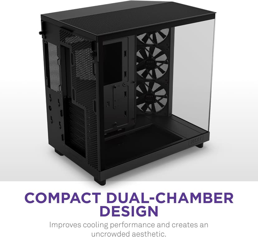 NZXT H6 Flow | CC-H61FB-01 | Compact Dual-Chamber Mid-Tower Airflow Case | Panoramic Glass Panels | High-Performance Airflow Panels | Includes 3 x 120mm Fans | Cable Management | Black