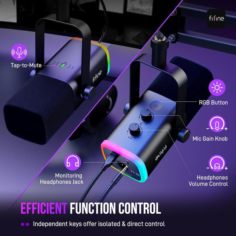 FIFINE XLR/USB Gaming Microphone Set, Dynamic PC Mic for Streaming Podcasting, Computer RGB Mic Kit with Boom Arm Stand, Mute Button, Headphones Jack, for Recording Vocal Voice-Over-AmpliGame AM8T