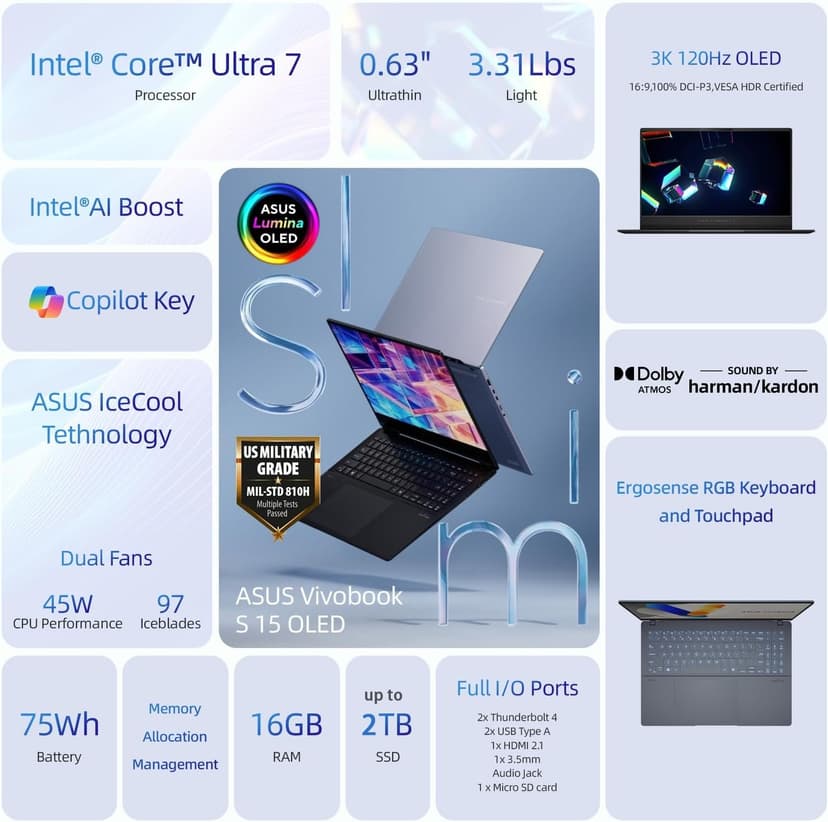 ASUS Vivobook S 15 Laptop, 15.6" 3K 120Hz OLED Display, 16-Cores Ultra 7 155H, Intel Arc Graphics, 16GB RAM, 1TB SSD, RGB Backlit KB, WiFi 6E, Thunderbolt 4, with Lifetime Office, Win 11 Pro