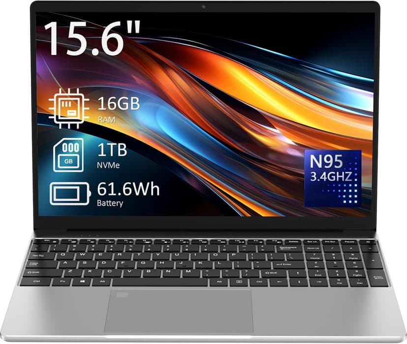 15.6" Laptop Computer, 16GB RAM, 1TB NVMe, 4C4T N95 1.7-3.4GHz, FHD Display, Backlit Keyboard, Fingerprint Reader, Big 8000mAh Battery, Win11 Pro, Upgradable to 10TB Storage, Silver, T152A