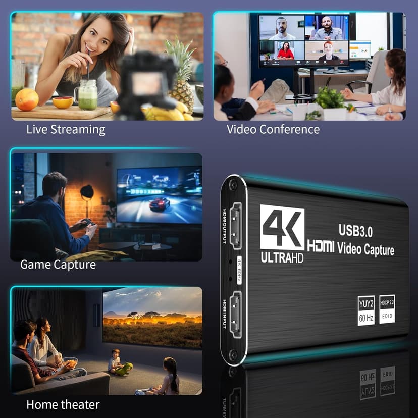 Video Capture Card, Audio Video Capture Card, USB 3.0 Capture Card 4K HDMI Loop-Out, 1080P 60FPS/2K 30FPS Video Game Capture for Streaming Works for PS5/Switch/Camera/PC/OBS(Black)
