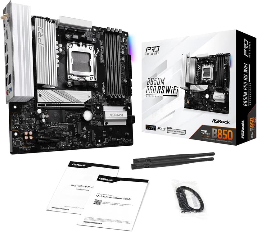 ASRock AMD B850M Pro RS WiFi 6E Socket AM5 Ryzen 9000, 8000 and 7000 Series DDR5 B850 up to 8000+ (OC) MHz 256GB Micro ATX Motherboard M.2 SATA3 6.0 Gb/s PCIe 5.0 Realtek 2.5G LAN BIOS Flashback