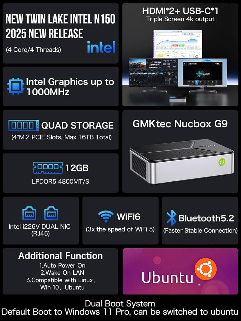 GMKtec G9 Plus Mini PC NAS, Intel N150 Dual Boot Win Linux Desktop Computer 12GB DDR5 64GB EMMC + 1TB M.2 SSD, 4*M.2 NVMe Slots, Dual NIC 2.5GbE, USB-C 10Gbps, Network Attached Storage