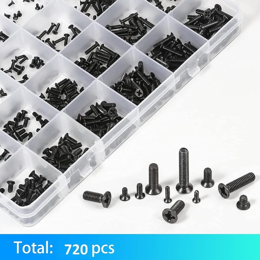 720pcs Laptop Notebook Screws Set,Replacement Computer Screws Kit,M1.4,M1.7,M2,M2.5,M3 countersunk Flat Head Phillips Mini Screw Set for Electronic Repair.