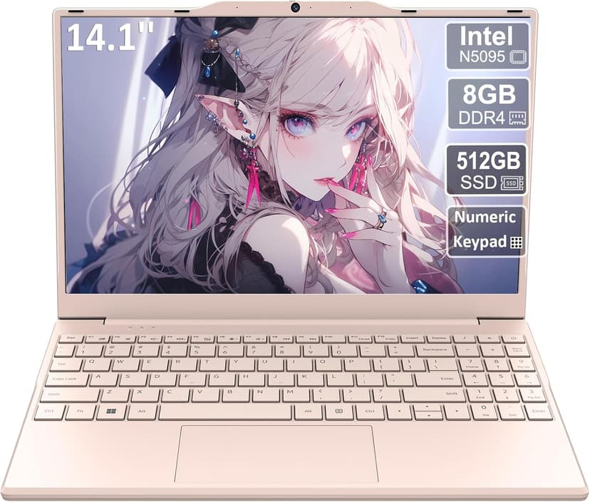 2025 New Portable Laptop,Student and Business,14" FHD IPS Display,Quad-Core N5095 Processor,8GB DDR4 RAM,512GB PCIe SSD,Numeric Keypad,2.4/5G WiFi,38WH Battery,Webcam,Mini HDMI,USB(Pink)