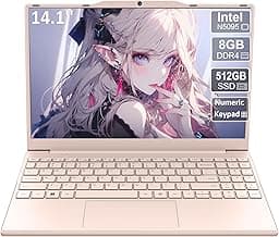 2025 New Portable Laptop,Student and Business,14" FHD IPS Display,Quad-Core N5095 Processor,8GB DDR4 RAM,512GB PCIe SSD,Numeric Keypad,2.4/5G WiFi,38WH Battery,Webcam,Mini HDMI,USB(Pink)
