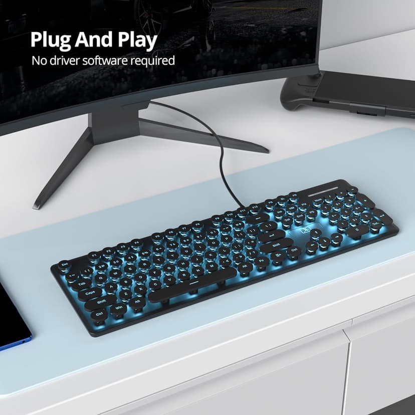 Wired Quiet Membrane Keyboard,Full Size 104-Keys Retro Punk Typewriter Blue LED Backlit ，USB Ultra Slim Gaming Keyboard with ABS Round keycaps for Windows/PC/Laptop (Black)