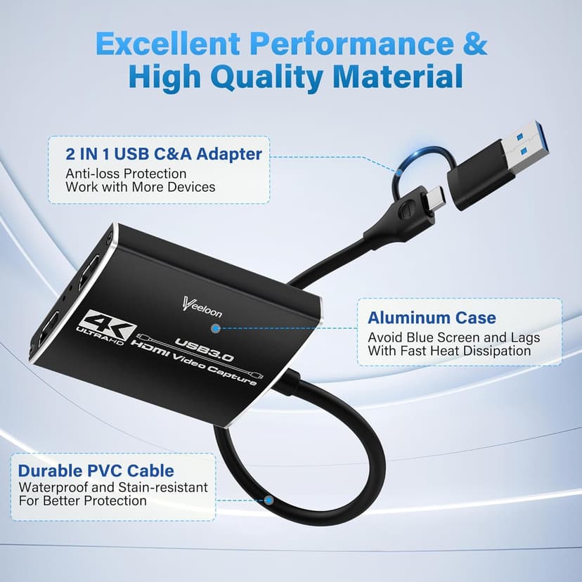 4K Audio Video Capture Card,1080P 60FPS/2K 30FPS HDMI to USB-C with USB A 3.0 Adapter, for Teaching, Gaming, Streaming, Broadcasting,Work with PS5/Switch/Camera/PC/OBS