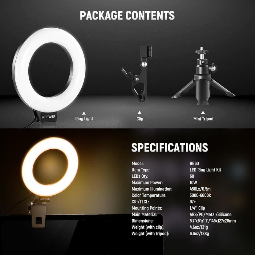 NEEWER Basic 5" Ring Light for Video Conference Lighting, Clip on Light Kit with Desk Tripod Stand for Monitor Laptop Computer Zoom Call Live Streaming Remote Working Learning Video Recording, BR60