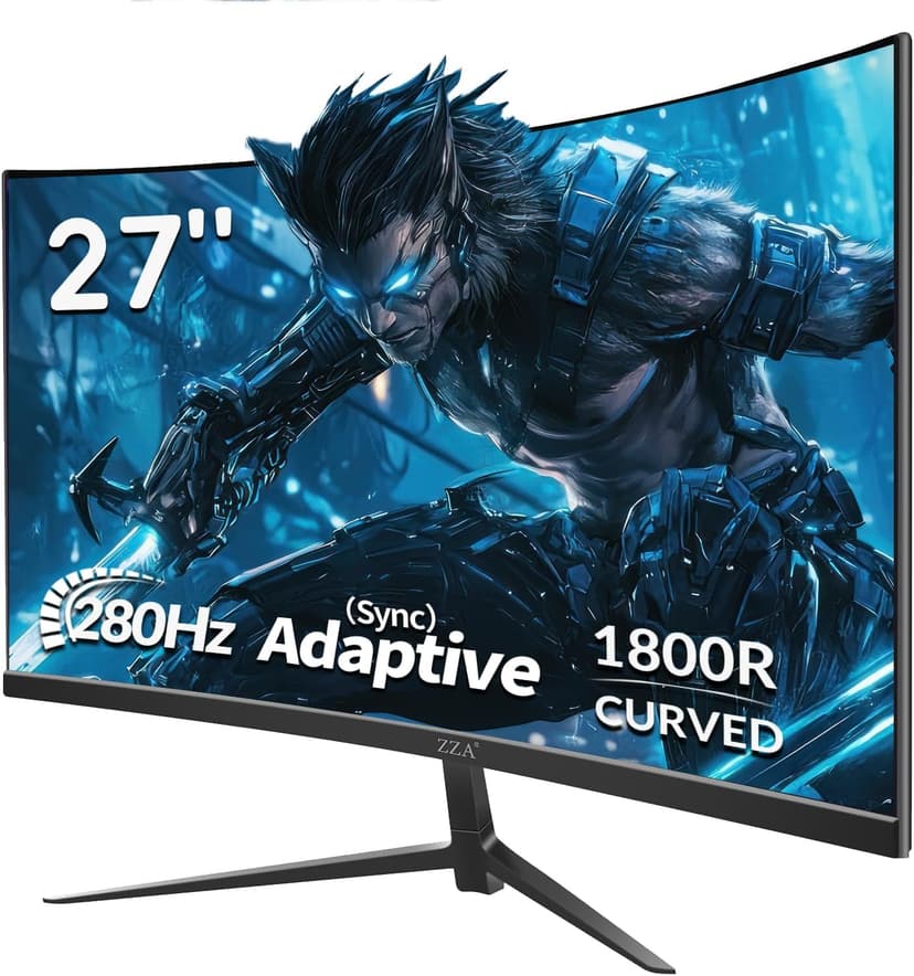 ZZA 27 Inch Gaming Monitor, Computer Monitor Frameless Ultra-Fast 280Hz/240Hz 1ms FHD 1080P,Curved Monitor 1800R|FreeSync|99% sRGB|HDR|Low Blue Light|HDMI DP Ports|VESA Mount|Metal Stand