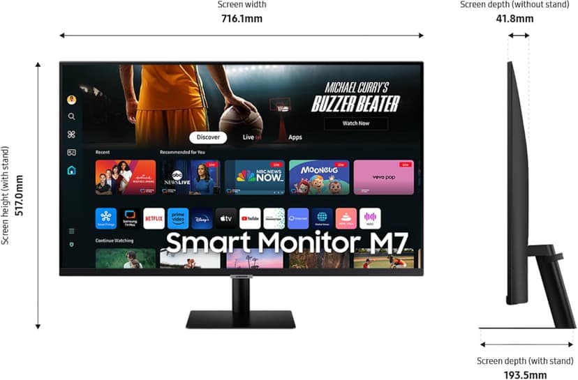 SAMSUNG 32-Inch M7 (M70D) Series 4K UHD Smart Monitor with Streaming TV, Speakers, HDR10, USB-C, Multiple Ports, Gaming Hub, SolarCell Remote, Vision Accessibility Tools, LS32DM702UNXGO, 2024, Black
