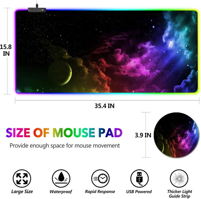 AIMSA Large RGB Gaming Mouse Pad, Keyboard Mousepad Led Extended 35.4 x 15.8 inch Non-Slip Rubber Base with 14 Lighting Modes, Big Desk Mat Waterproof, Nebula Universe