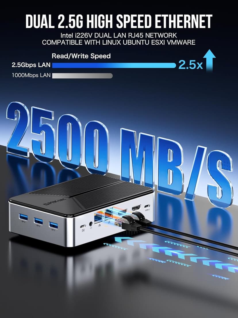 GMKtec Mini PC NAS Intel N150 Dual Boot System 12GB DDR5 64GB EMMC +512GB SSD Desktop Computer 4*M.2 NVMe Slots/Dual NIC 2.5GbE/ USB-C USB 3.2 10Gbps/ Network Attached Storage G9