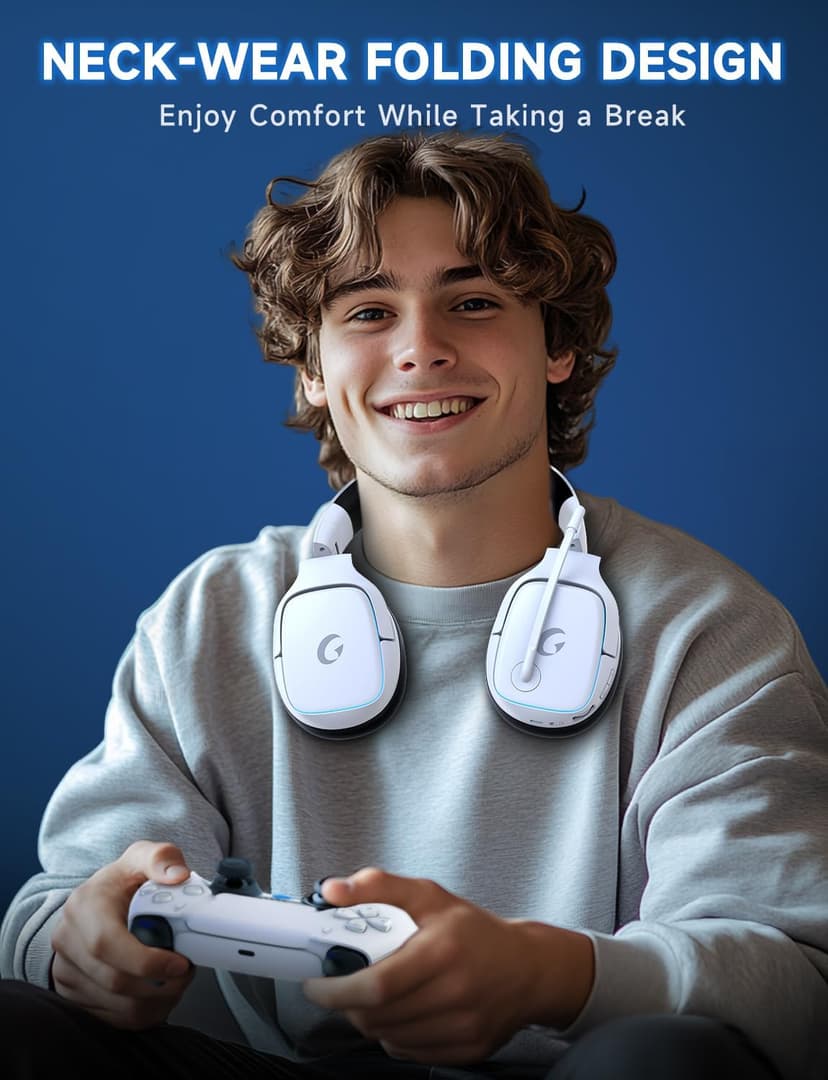 2.4GHz Wireless Gaming Headsets for PS5, PS4, PC, Switch - Bluetooth 5.3 Gaming Headphones with Noise Canceling Mic, 7.1 Surround Sound, 70H Battery, Blue Lighting - White